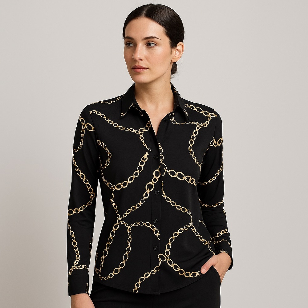 Helene Clarkson Black & Gold Chain Print Button Down Blouse Size XS